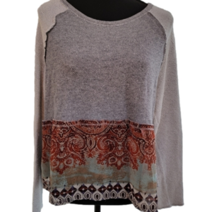 Anm Gray Casual Long Raglan Sleeve Shirt w/Sheer Boho Print Fabric Size Large